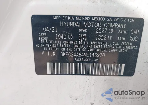 2021 Hyundai Accent Se from USA, damaged, VIN 3KPC24A64ME146920